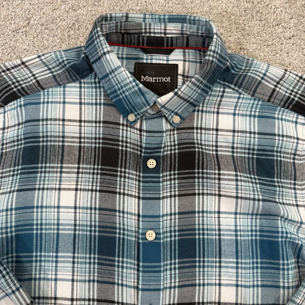 Marmot Button Front Flannel Shirt L Blue‎ Plaid Outdoor Hiking Casual Classic